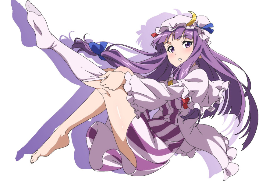 1girl blush crescent crescent_hat_ornament dress frilled_sleeves frills gyouza_(mhea5724) hat hat_ornament highres kneehighs long_hair long_sleeves looking_at_viewer mob_cap open_mouth patchouli_knowledge purple_dress purple_eyes purple_hair purple_headwear purple_socks simple_background single_kneehigh single_sock socks solo striped striped_dress touhou vertical-striped_dress vertical_stripes white_background wide_sleeves