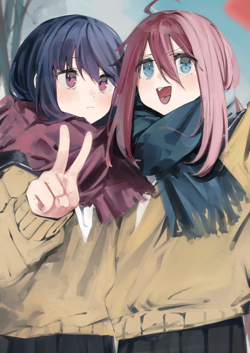 2girls absurdres black_skirt blue_eyes blue_hair blue_scarf blush closed_mouth hair_between_eyes highres kagamihara_nadeshiko leadin_the_sky long_hair long_sleeves multiple_girls open_mouth pink_hair pleated_skirt purple_eyes red_scarf scarf shima_rin shirt skirt smile v yellow_shirt yurucamp