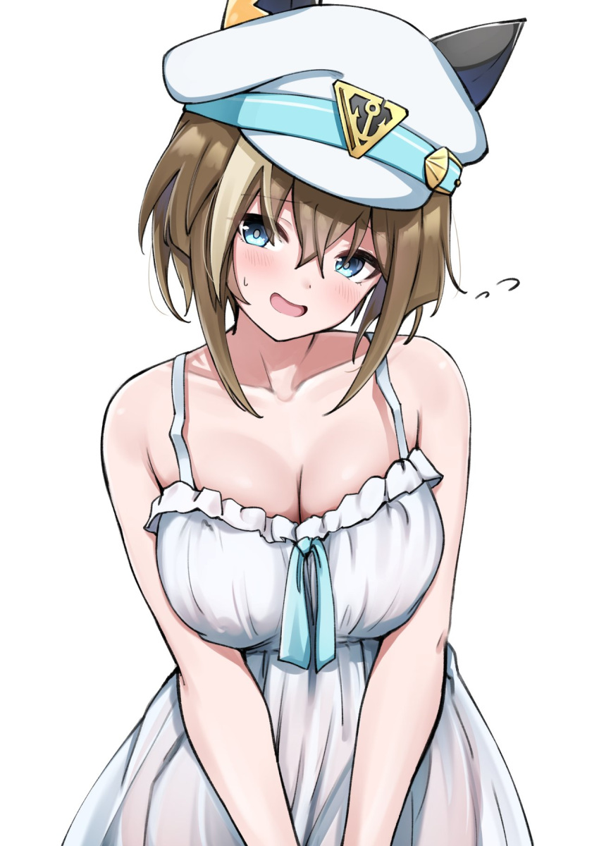 alternate_costume animal_ears blue_eyes blush breasts brown_hair cheval_grand_(umamusume) cleavage collarbone commentary_request embarrassed hair_between_eyes herohero_(higashi_no_dou) highres horse_ears large_breasts looking_at_viewer medium_hair open_mouth simple_background sweat umamusume white_background