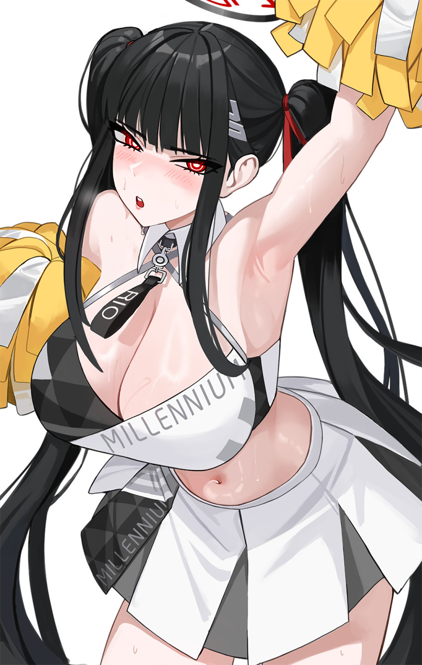 1girl alternate_hairstyle arm_up armpits black_hair blue_archive blunt_bangs blush breasts breath character_name cheerleader cleavage commentary_request cosplay crop_top ddog hair_ornament hair_ribbon halo hibiki_(blue_archive) hibiki_(blue_archive)_(cosplay) hibiki_(cheerleader)_(blue_archive) highres holding holding_pom_poms large_breasts long_hair looking_at_viewer navel parted_lips pleated_skirt pom_pom_(cheerleading) red_eyes red_ribbon ribbon rio_(blue_archive) sidelocks simple_background skirt sleeveless solo stomach sweat twintails very_long_hair white_background