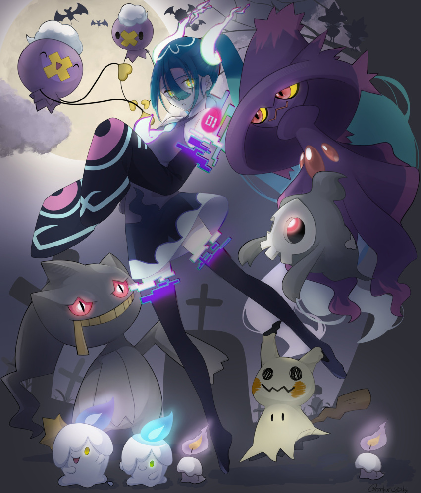1girl absurdres aqua_hair banette black_thighhighs detached_sleeves drifloon duskull fire ghost ghost_miku_(project_voltage) glitch gradient_hair graveyard grey_shirt hair_between_eyes hatsune_miku highres litwick long_hair mimikyu mismagius moon multicolored_hair murkrow necktie nonkun pale_skin parted_lips pokemon pokemon_(creature) project_voltage red_eyes see-through see-through_skirt shirt skirt sleeves_past_fingers sleeves_past_wrists thighhighs tombstone twintails very_long_hair vocaloid will-o'-the-wisp_(mythology) woobat yellow_eyes zipper zipper_pull_tab zubat