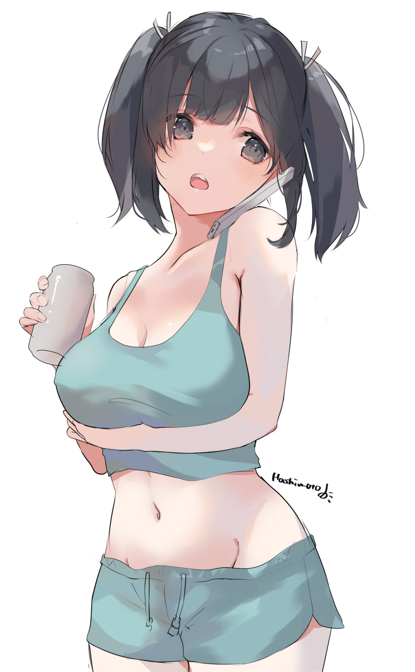 1girl absurdres alcohol beer beer_can black_hair blue_eyes breasts can cellphone cowboy_shot crop_top highres kantai_collection large_breasts navel open_mouth phone raymie0124 shirt shorts simple_background sleeveless sleeveless_shirt smartphone solo souryuu_(kancolle) twitter_username white_background