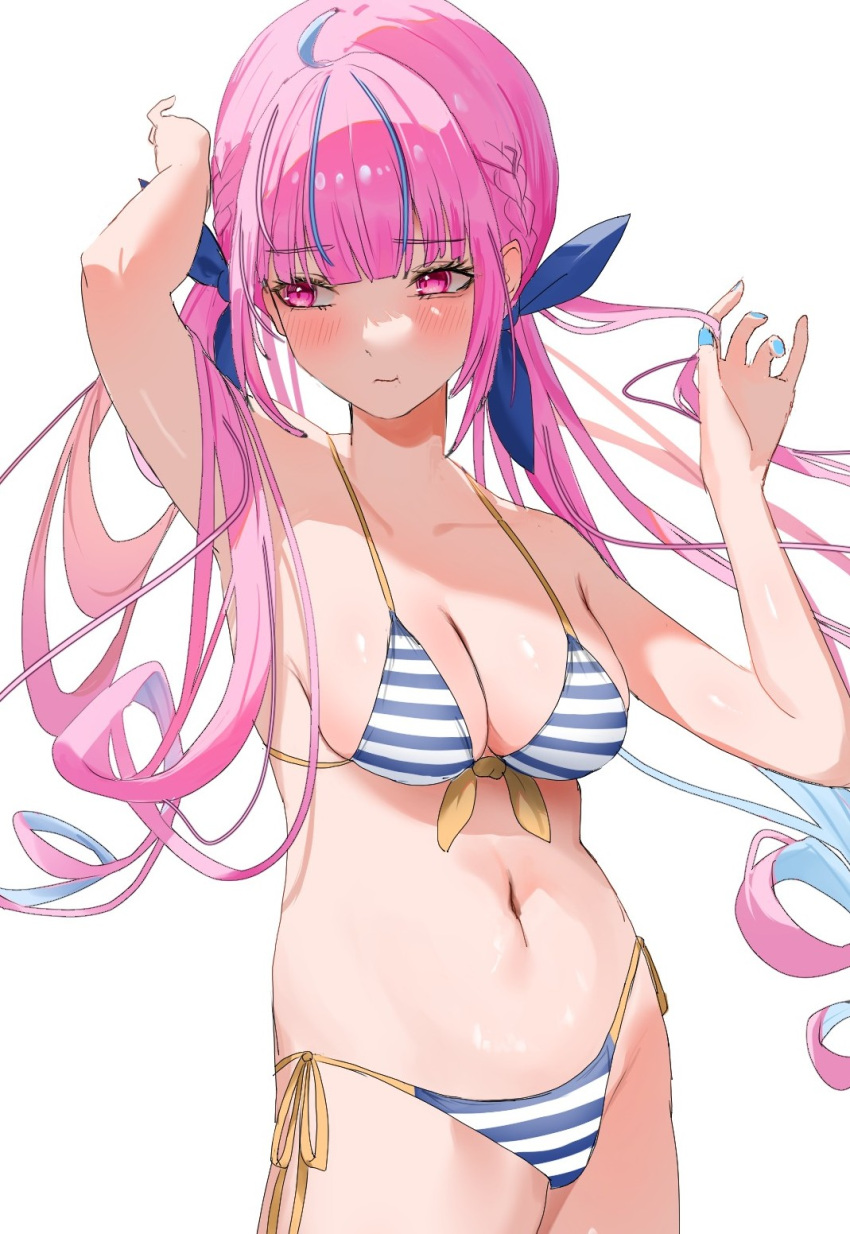 1girl ahoge bare_arms bikini blue_bikini blue_hair blue_nails blunt_bangs blush breasts cleavage closed_mouth collarbone fingernails groin highres hololive large_breasts light_blue_hair long_hair looking_to_the_side minato_aqua multicolored_hair nail_polish navel pink_eyes pink_hair pout side-tie_bikini_bottom simple_background solo stomach streaked_hair striped striped_bikini swimsuit takeno_omoti thighs twintails two-tone_hair virtual_youtuber white_background white_bikini