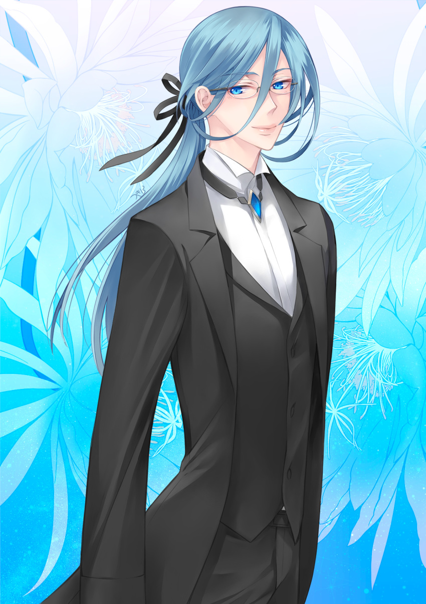 1boy black_pants black_suit black_vest blue_background blue_eyes blue_hair flower formal glasses hair_between_eyes hair_ribbon highres long_hair long_sleeves male_focus otome_game_no_hametsu_flag_shika_nai_akuyaku_reijou_ni_tensei_shite_shimatta pants ribbon shirt smile sora_smith standing suit takatsuki_kahiro vest white_shirt