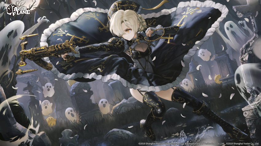1girl absurdres aiming alternate_costume azur_lane bare_tree battle bead_necklace beads black_dress black_footwear black_headwear black_thighhighs blonde_hair boots braid braided_bun breasts cleavage closed_mouth commentary corset cross cross_necklace crossbow dress english_commentary etama_quomo expressionless falling_petals fingerless_gloves frilled_dress frills full_body full_moon garter_straps ghost gloves grave graveyard hair_bun hair_over_one_eye halloween hat hat_tassel high_heel_boots high_heels highres holding holding_crossbow holding_jewelry holding_necklace holding_weapon jewelry juliet_sleeves knee_boots logo long_sleeves manjuu_(azur_lane) medium_breasts moon necklace night official_art orange_eyes outdoors outstretched_arm parted_bangs petals puffy_sleeves rosary second-party_source sheffield_(azur_lane) short_hair solo standing thighhighs tombstone tree underbust v-shaped_eyebrows watermark weapon white_gloves