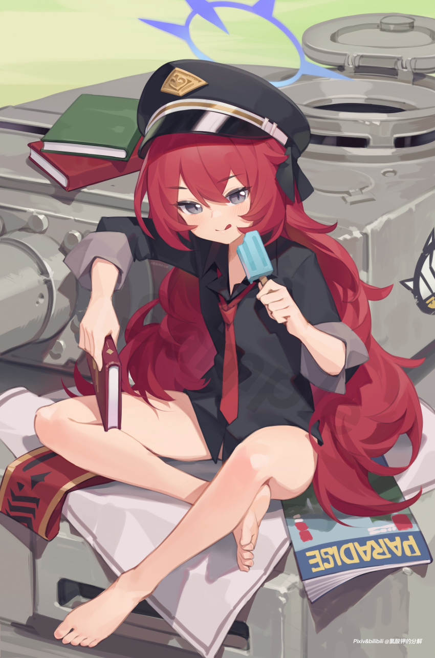 1girl :q absurdres armband_removed bare_legs barefoot bilibili_xiaolu black_eyes black_headwear black_ribbon black_shirt blue_archive blush book feet food ground_vehicle hair_between_eyes hair_ribbon halo hat highres holding holding_book iroha_(blue_archive) long_hair looking_at_viewer magazine_(object) military military_vehicle motor_vehicle necktie peaked_cap popsicle red_eyes red_hair red_necktie ribbon shirt sitting sleeves_rolled_up solo tank tongue tongue_out very_long_hair