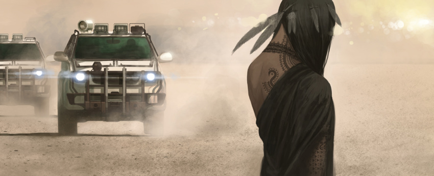 1girl black_hair car commentary_request desert dust feathers ground_vehicle long_hair motor_vehicle original revision shiira solo sports_utility_vehicle tattoo