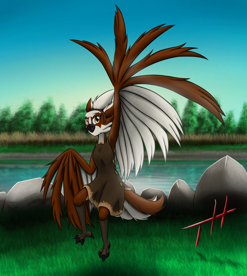 2023 absurd_res accipitriform anthro avian beak bird brown_body clothing detailed_background female flying ghostth39 hi_res lake lina_(ghostth39) looking_at_viewer multicolored_body osprey outside signature solo talons two_tone_body white_body wings yellow_eyes