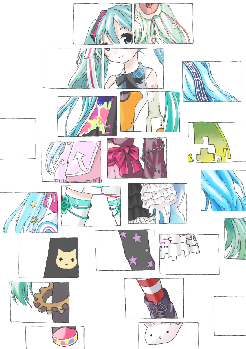 1girl absurdres ageage_again_(vocaloid) aikotoba alternate_costume animal_print animal_slippers annotation_request aqua_hair arrow_print bare_shoulders black_necktie blue_eyes blue_hair boots bunny_slippers cat_print catch_the_wave_(vocaloid) chain character_request check_character check_copyright closed_mouth collage colorful_festival_(project_sekai) commentary copyright_request flower frills full_body gears green_hair hair_flower hair_ornament hair_ribbon hatsune_miku hatsune_miku_no_gekishou_(vocaloid) highres infinity_(module) jacket long_hair long_sleeves looking_at_viewer magical_mirai_(vocaloid) magical_mirai_miku magical_mirai_miku_(2017) magical_mirai_miku_(2021) magical_mirai_miku_(2022) miniskirt musical_note musical_note_print necktie number_tattoo odds_&amp;_ends_(vocaloid) osanpo_style_(module) partially_annotated pink_jacket project_diva_(series) project_sekai red_thighhighs ribbon romeo_to_cinderella_(vocaloid) sadistic_music_factory_(vocaloid) shirt skirt sleeveless sleeveless_shirt slippers slow_motion_(vocaloid) smile solo spiritual_(module) standing star_(symbol) star_print striped striped_ribbon striped_thighhighs tattoo tell_your_world_(vocaloid) thighhighs twintails very_long_hair vintage_dress_(module) vocaloid vocaloid_boxart_pose white_background white_ribbon white_thighhighs yu_qie_fu yuki_miku yuki_miku_(2017) yuki_miku_(2022)