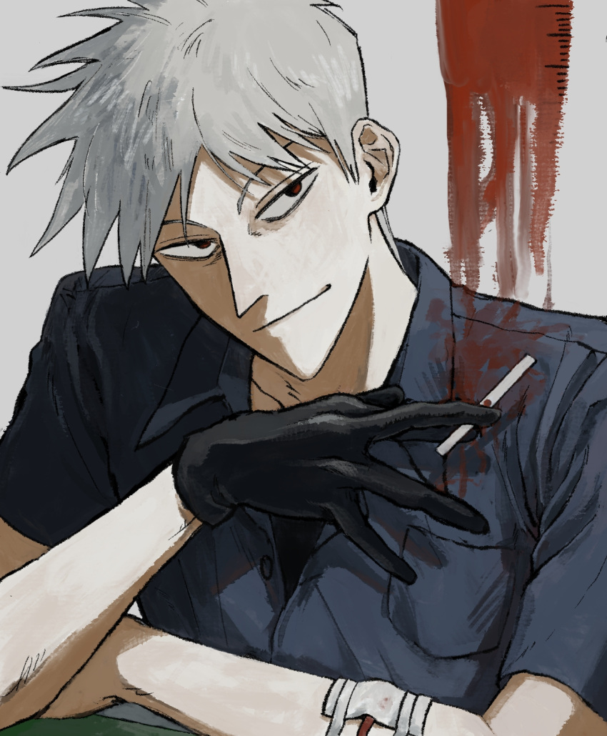 1boy akagi:_yami_ni_oritatta_tensai akagi_shigeru bags_under_eyes black_gloves blood blood_on_clothes blood_splatter cigarette closed_mouth collared_shirt commentary_request fukumoto_nobuyuki_(style) gauze gloves grey_hair grey_shirt harukawa_(b1kbah) head_tilt highres holding holding_cigarette looking_at_viewer male_focus medium_bangs pointy_nose red_eyes shirt short_hair smile solo upper_body