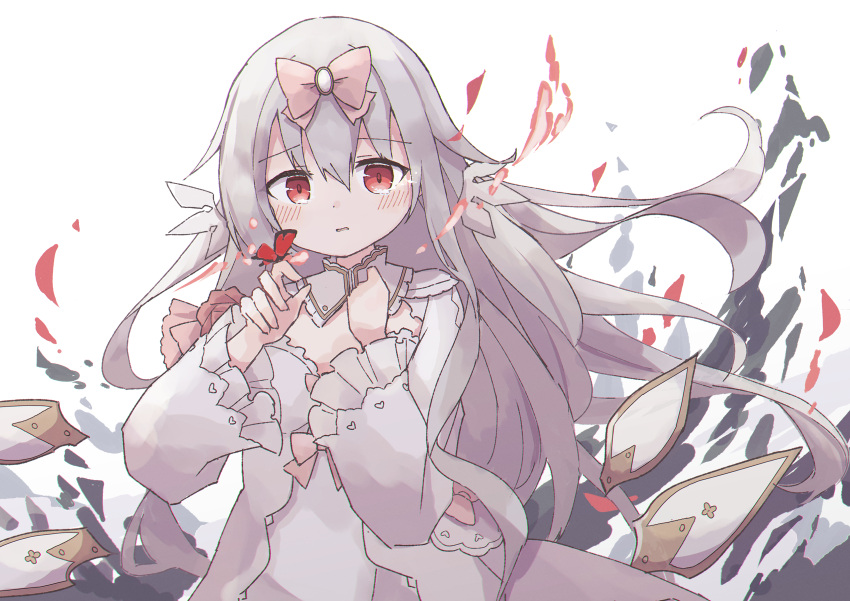 1girl absurdres arcaea blush bug butterfly butterfly_on_hand cleavage_cutout clothing_cutout colon_br cowboy_shot dot_nose dress falling_petals floating_hair grey_hair hair_between_eyes hand_up highres hikari_(arcaea) long_dress long_hair long_sleeves looking_at_viewer parted_lips petals red_eyes sidelocks simple_background solo straight-on tearing_up white_background white_dress