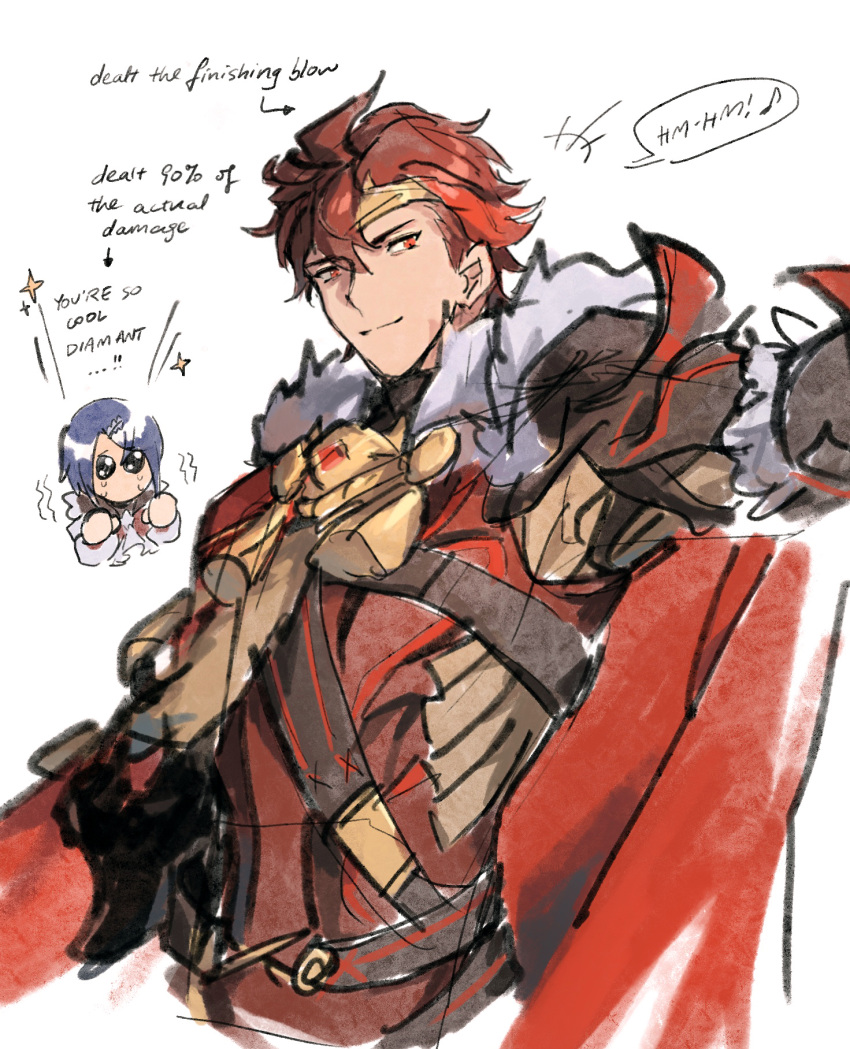 alcryst_(fire_emblem) armor blue_hair cape circlet closed_mouth diamant_(fire_emblem) fire_emblem fire_emblem_engage fur_trim hahahashagi highres light_smile looking_at_viewer male_focus red_cape red_eyes red_hair short_hair shoulder_armor simple_background upper_body white_background