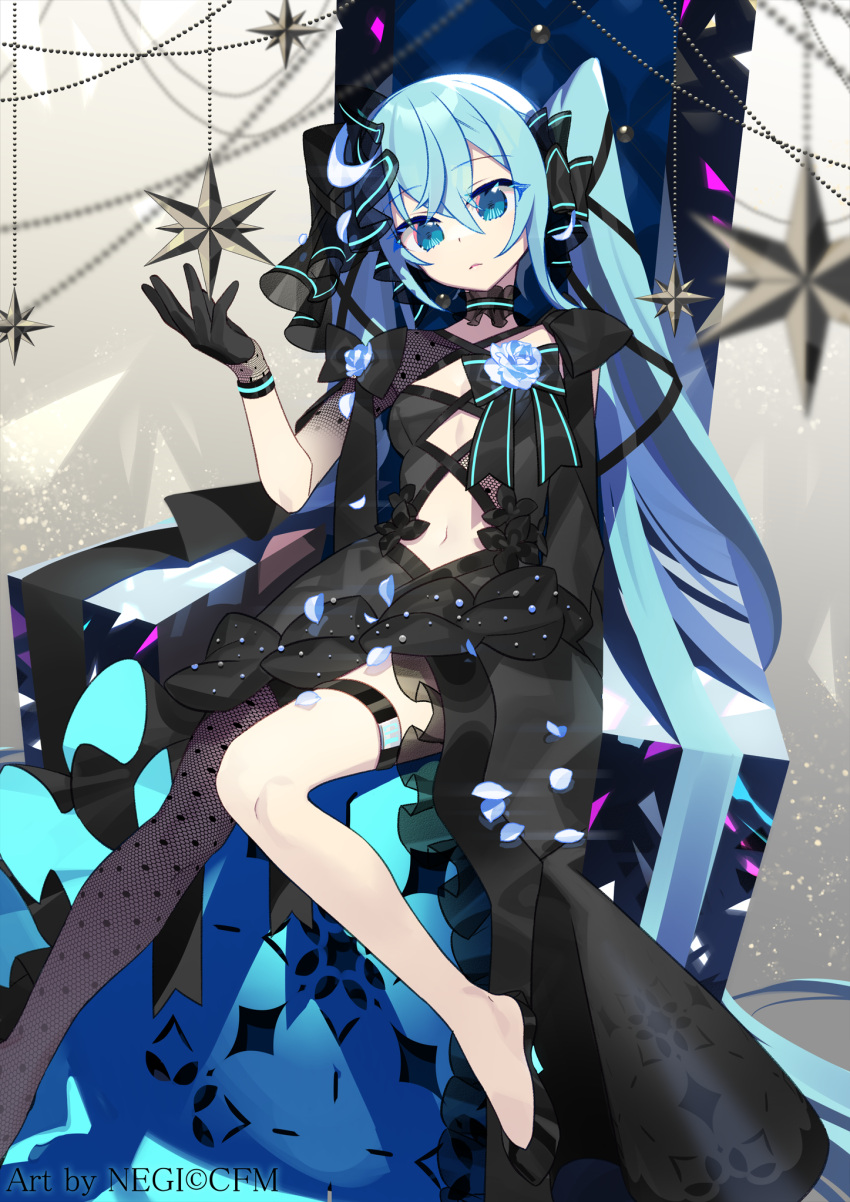 alternate_costume black_footwear black_gloves blue_eyes blue_hair commentary_request gloves hatsune_miku highres long_hair negi_(ulog'be) parted_lips single_thighhigh sitting thighhighs twintails very_long_hair vocaloid