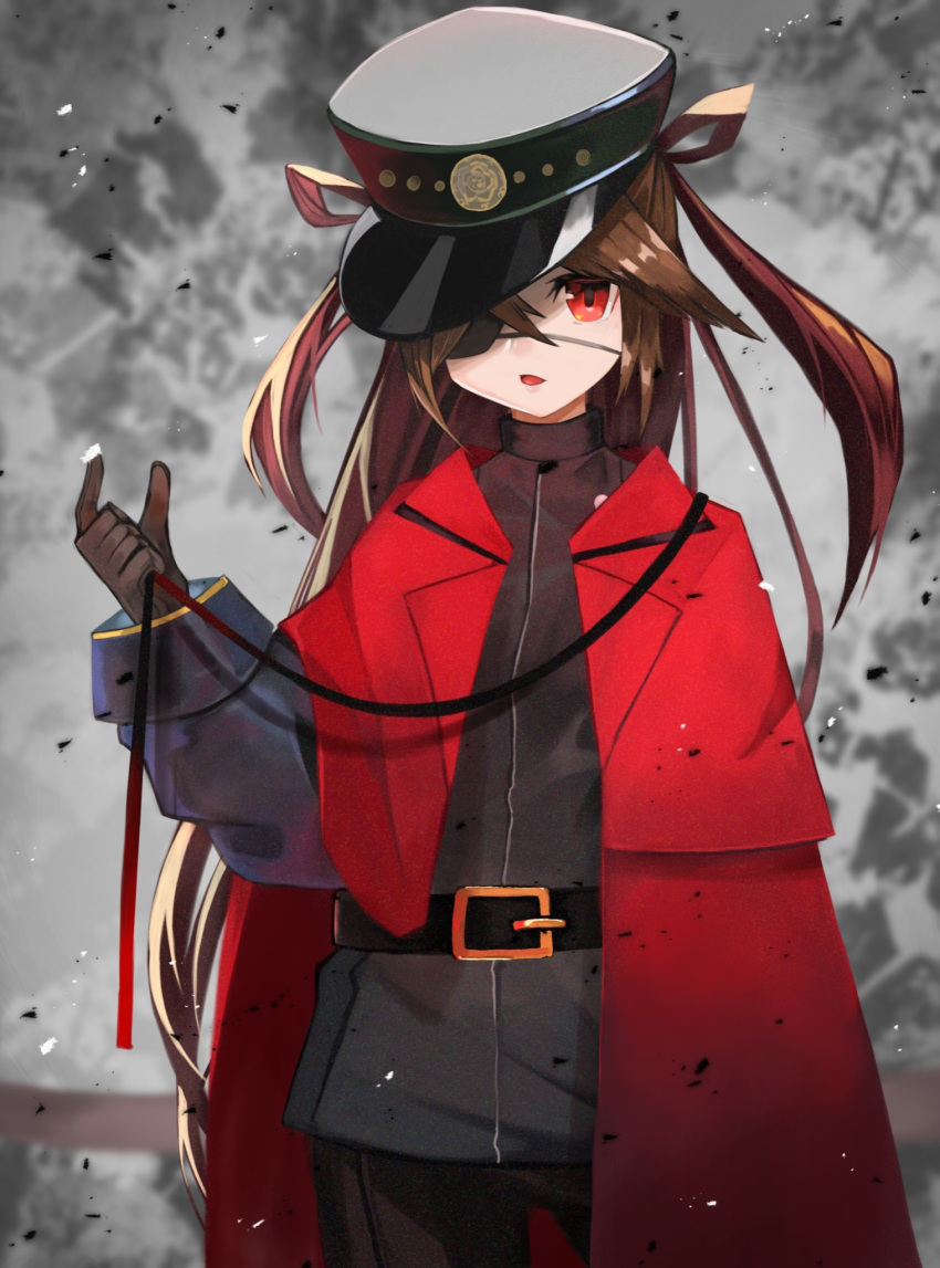 1girl alternate_costume belt black_gloves black_hair commentary emblem eyepatch gloves hair_rings haru_torimaru hat highres holding holding_ribbon jacket long_hair long_sleeves looking_at_viewer military_hat military_jacket military_uniform one_eye_covered open_clothes open_jacket open_mouth red_eyes red_jacket ribbon sidelocks simple_background solo standing tenka_hyakken tsuruga_masamune_(tenka_hyakken) uniform