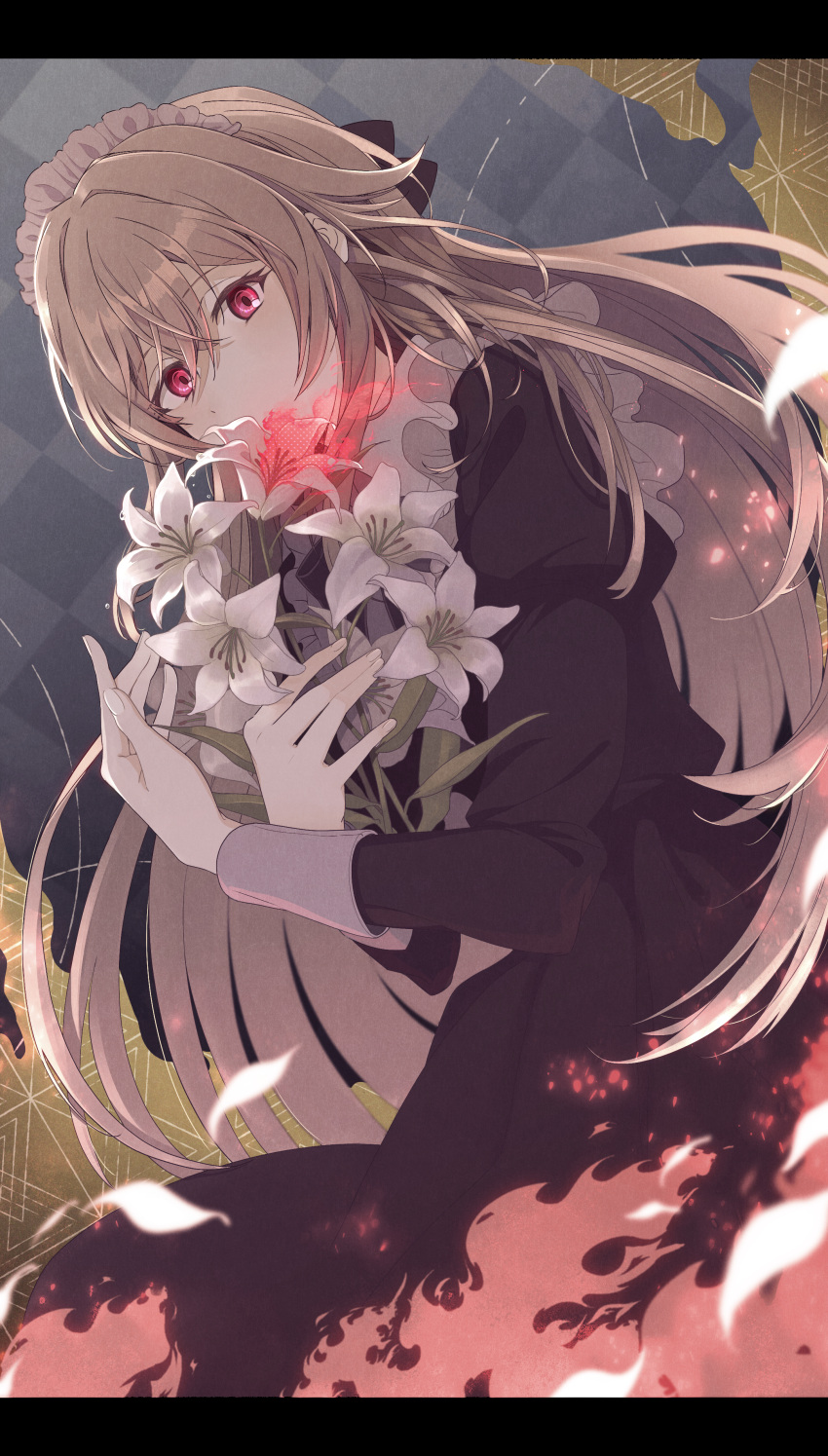 1girl absurdres argyle argyle_background black_dress bouquet commentary_request covering_mouth dress fire flower furen_e_lustario grey_background highres holding holding_bouquet letterboxed light_brown_hair lily_(flower) long_hair long_sleeves maid_headdress nijisanji red_eyes sawara65 solo virtual_youtuber white_flower