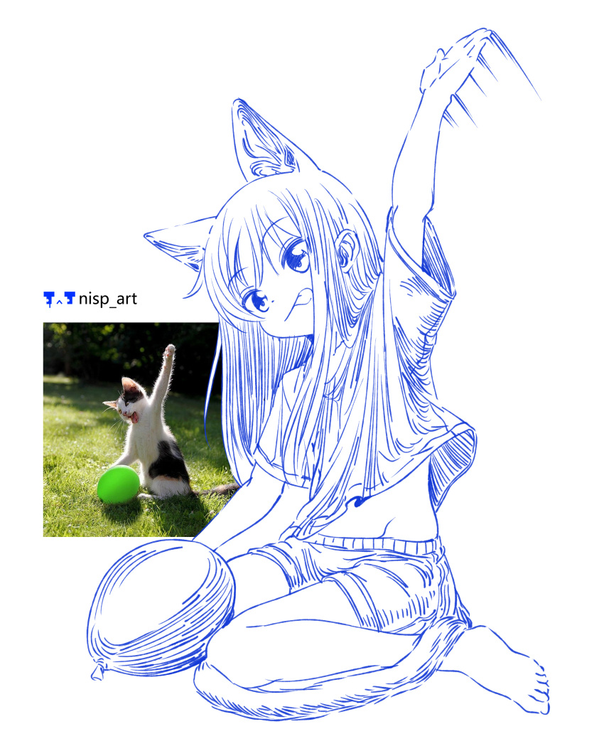 1girl :p absurdres animal_ears arm_up artist_logo artist_name barefoot cat cat_ears cat_girl cat_tail commentary_request creature_and_personification full_body highres long_hair midriff motion_lines nisp_art original pen_(medium) shirt short_sleeves shorts simple_background sitting solo tail tongue tongue_out wariza water_balloon white_background