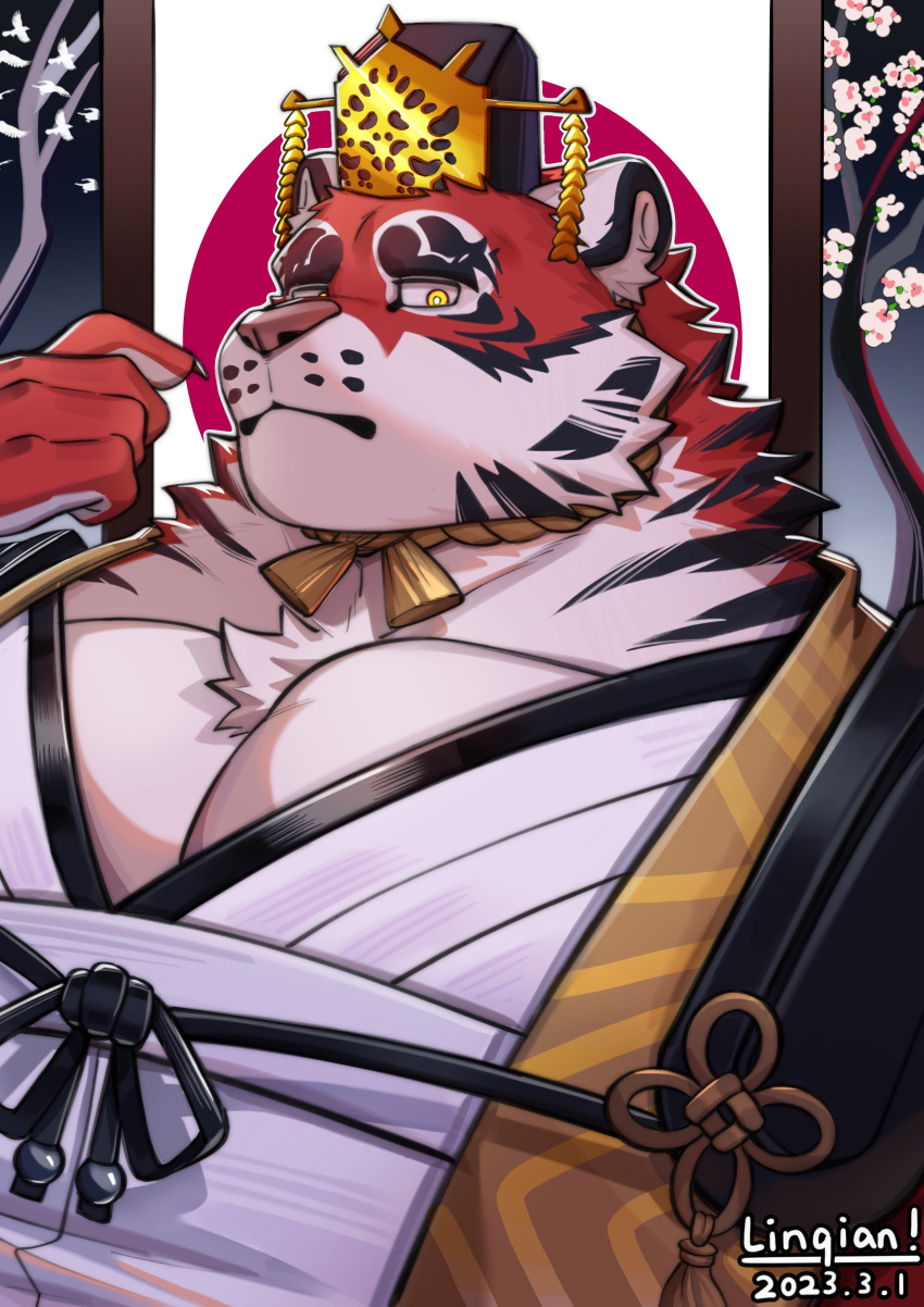 1boy absurdres animal_ears bara chinese_clothes crave_saga dated furry furry_male hand_up highres large_pectorals linqiankira looking_at_viewer male_focus mature_male mian_guan muscular muscular_male open_clothes orange_fur pectoral_cleavage pectorals pointing pointing_at_self solo thick_eyebrows tiger_boy tiger_ears two-tone_fur upper_body yata_no_kagami_(crave_saga)