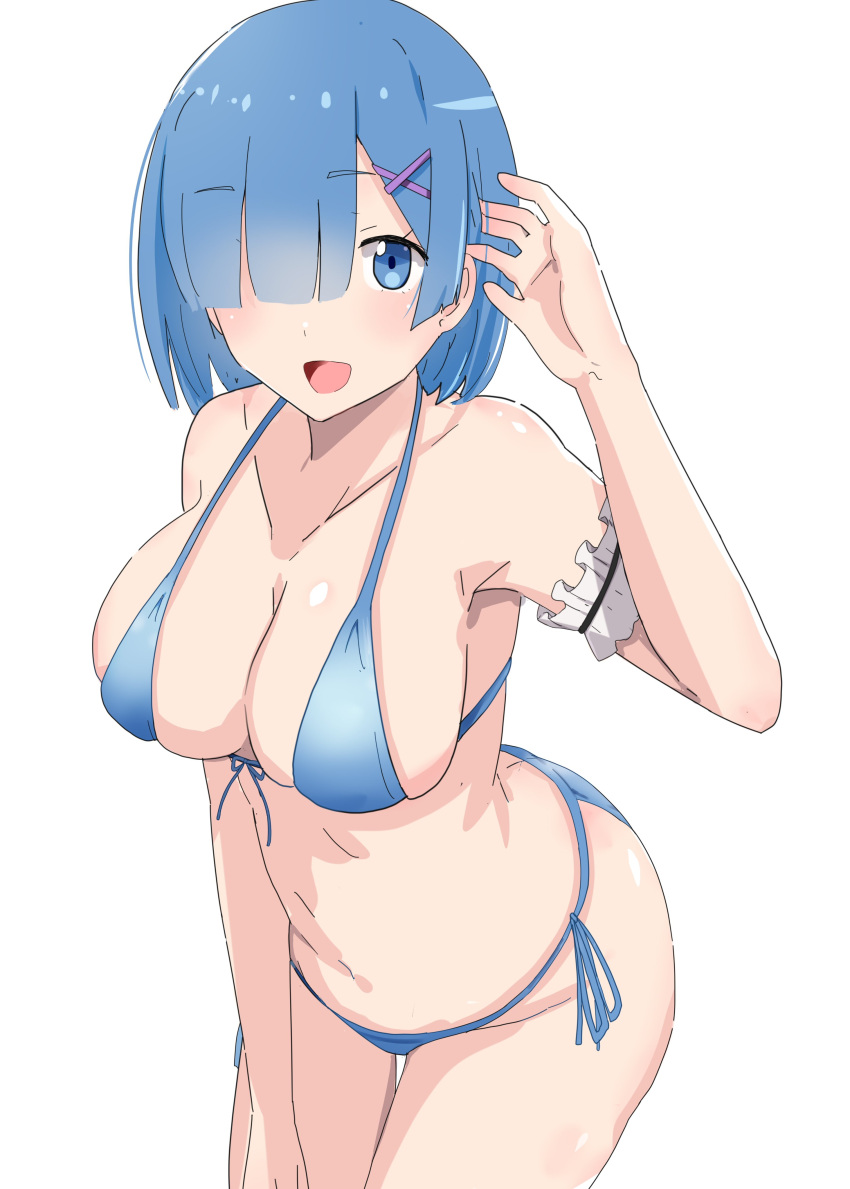 1girl absurdres bikini blue_bikini blue_eyes blue_hair breasts ekaki_kukuma hair_between_eyes hair_ribbon highres large_breasts looking_at_viewer open_mouth re:zero_kara_hajimeru_isekai_seikatsu rem_(re:zero) ribbon solo swimsuit