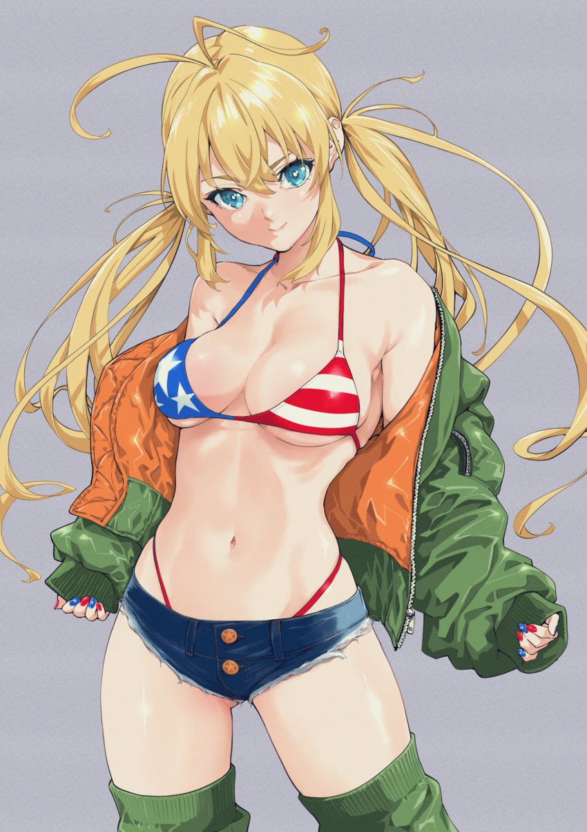 1girl ahoge american_flag american_flag_bikini american_flag_print aqua_eyes bikini bikini_under_clothes blonde_hair blue_nails blue_shorts blush breasts bright_pupils cleavage closed_mouth collarbone denim denim_shorts flag_print green_jacket green_thighhighs hassystants highres jacket long_hair long_sleeves looking_at_viewer medium_breasts midriff monica_adenauer multicolored_nails nail_polish navel off_shoulder open_clothes open_jacket red_bikini red_nails short_shorts shorts sleeves_past_wrists smile solo swimsuit thighhighs thong_bikini twintails white_pupils yakitate!!_japan