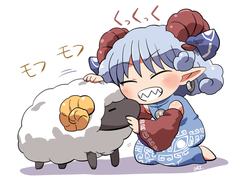 1girl animal bare_shoulders barefoot blue_dress blue_ribbon blush closed_eyes detached_sleeves dress earrings grey_hair grin horn_ornament horn_ribbon horns jewelry meandros pointy_ears red_horns red_sleeves ribbon rokugou_daisuke sheep sheep_horns short_hair signature simple_background smile solo touhou toutetsu_yuuma white_background