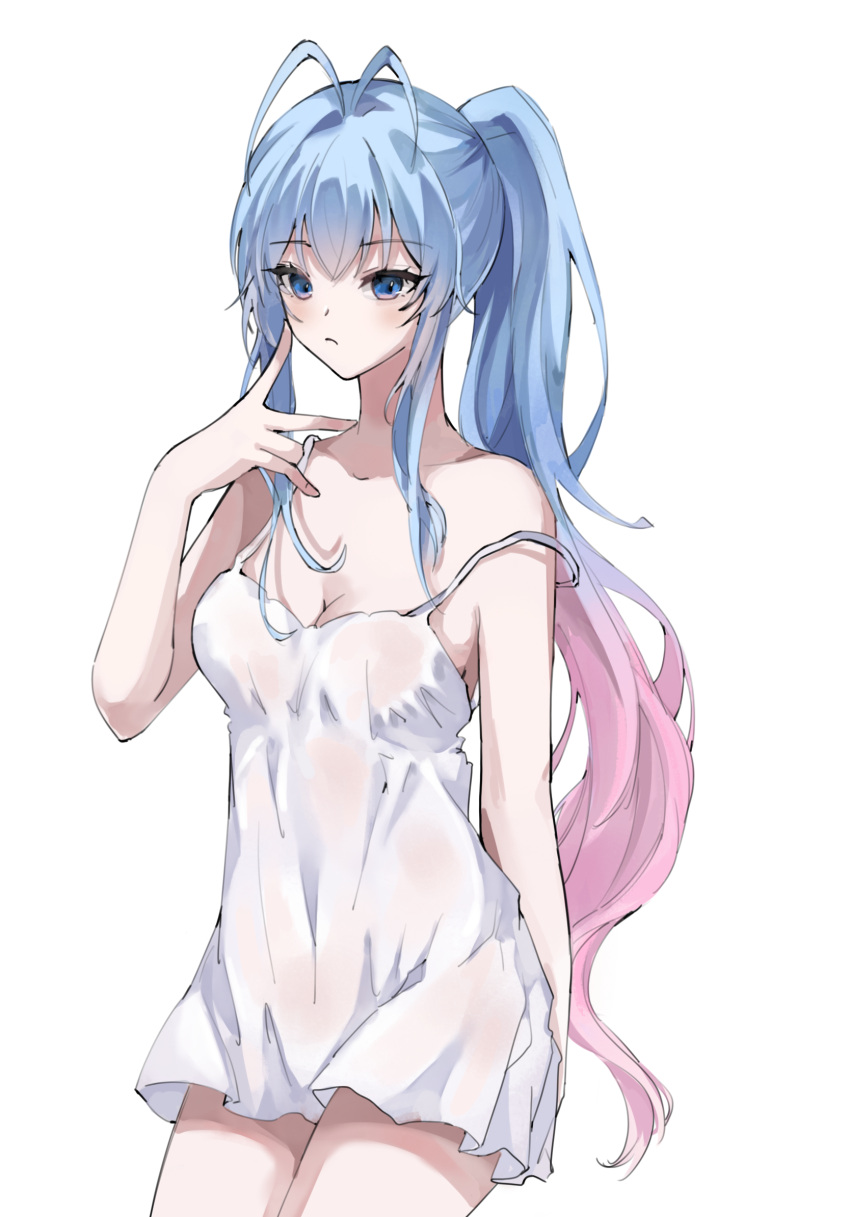 1girl antenna_hair arm_behind_back bare_shoulders blue_hair blush camisole closed_mouth cowboy_shot douluo_dalu gradient_eyes gradient_hair hand_up highres index_fingers_raised long_hair multicolored_eyes multicolored_hair solo strap_pull tang_wutong_(douluo_dalu) upper_body white_background white_camisole yao_laoban