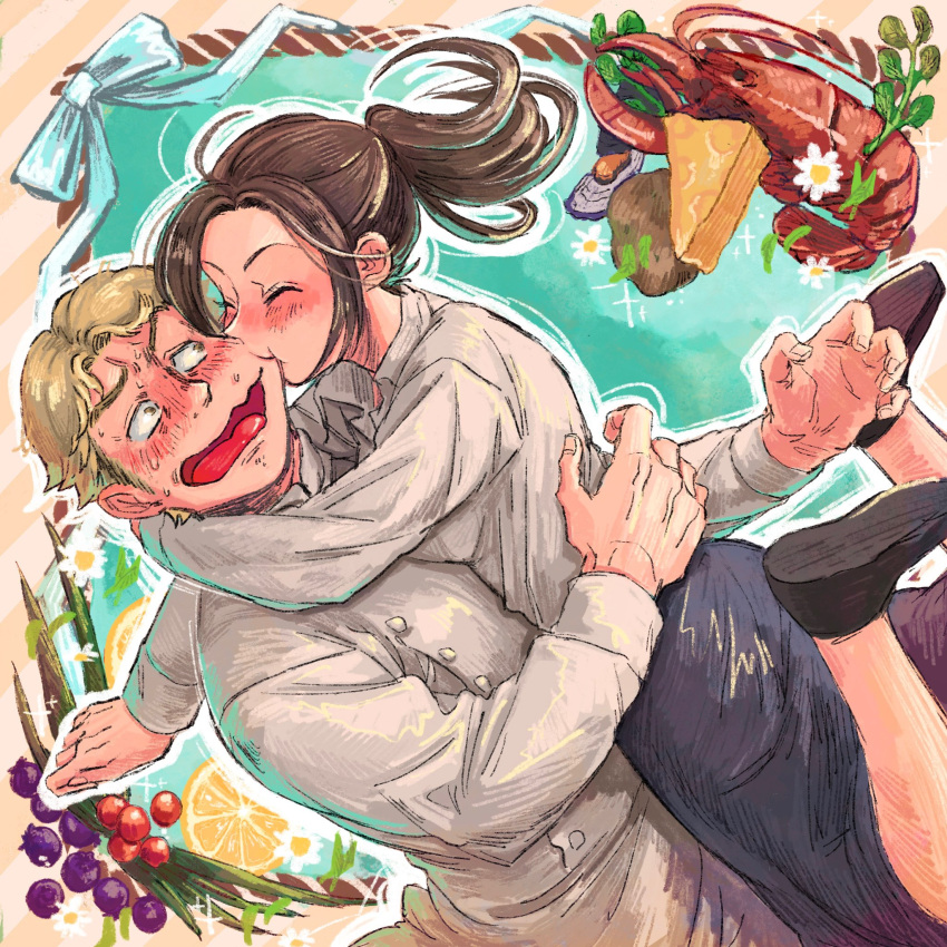 1boy 1girl biting blonde_hair blush brown_hair cheek_biting chef closed_eyes couple desu_bba feet_out_of_frame flustered happy hetero highres inset_border long_hair long_sleeves niccolo_(shingeki_no_kyojin) ornate_border sasha_braus shingeki_no_kyojin short_hair wavy_mouth