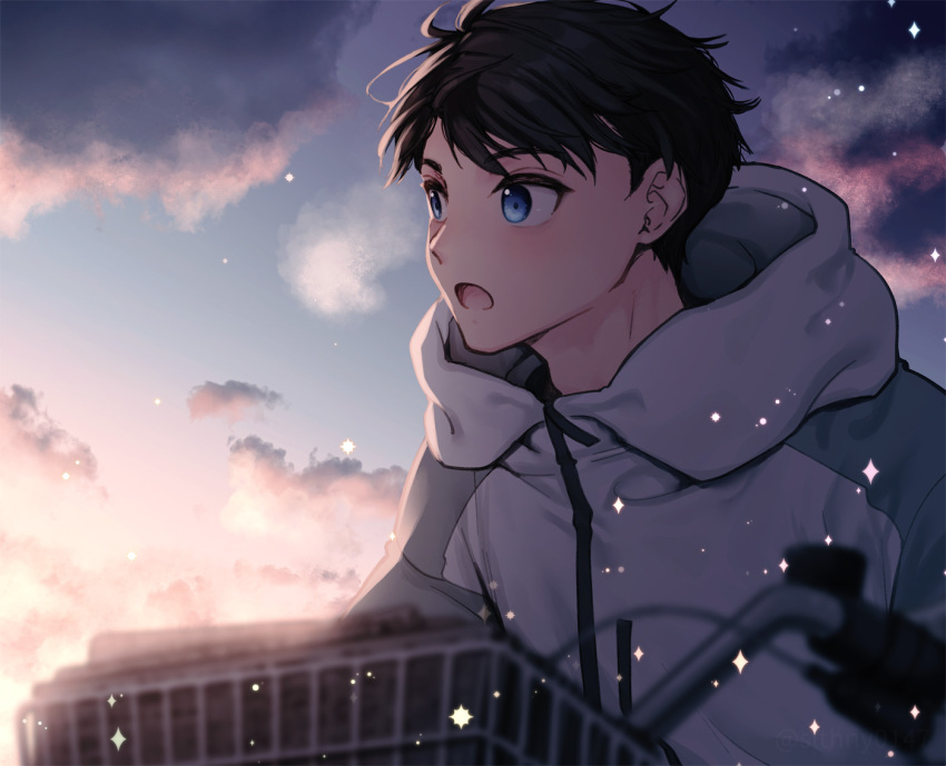 1boy asahina_haruka bicycle bicycle_basket black_hair blue_eyes blurry blurry_foreground hood hood_down hooded_jacket jacket open_mouth outdoors overtake! riding riding_bicycle short_hair slthny solo sunrise