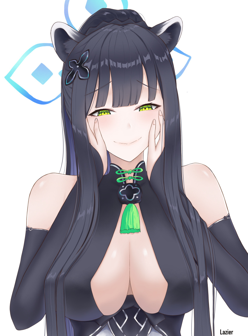 1girl absurdres animal_ear_fluff animal_ears bare_shoulders black_dress black_hair blue_archive blush breasts cleavage closed_mouth collarbone covered_collarbone dress fur_trim green_eyes halo high_ponytail highres lazier medium_breasts ponytail shun_(blue_archive) smile solo upper_body white_background