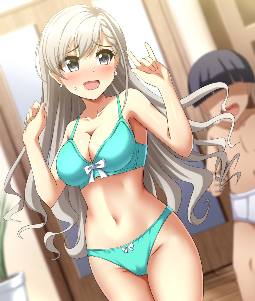 1boy 1girl absurdres aqua_bra aqua_panties blue_eyes blunt_bangs blurry blurry_background blush bow bow_bra bra braid braided_bangs breasts cleavage collarbone dutch_angle earrings grey_hair highres hisakawa_hayate idolmaster idolmaster_cinderella_girls indoors jewelry long_hair medium_breasts navel open_mouth panties sweatdrop underwear zanntetu