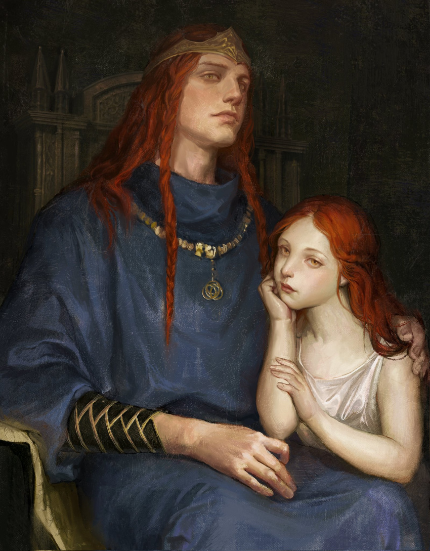 1boy 1girl blue_robe bracer braid crown dress elden_ring father_and_daughter gold_diadem gold_necklace hand_on_another's_shoulder hand_on_lap hand_on_own_arm hand_on_own_chin head_back highres jewelry long_hair looking_at_viewer malenia_blade_of_miquella multiple_braids necklace on_chair pale_skin parent_and_child radagon_of_the_golden_order red_hair robe sideways_glance sitting sleeveless sleeveless_dress sleeves_rolled_up the_old_crane throne white_dress yellow_eyes