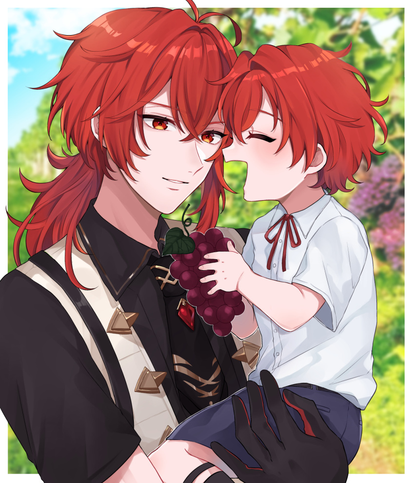 2boys black_gloves black_necktie carrying child closed_eyes diluc_(genshin_impact) father_and_son food fruit genshin_impact gloves grapes grey_shorts hair_between_eyes highres long_hair long_sleeves male_focus multiple_boys necktie open_mouth ponytail red_eyes red_hair red_ribbon ribbon shirt shorts smile tahol_dr white_shirt