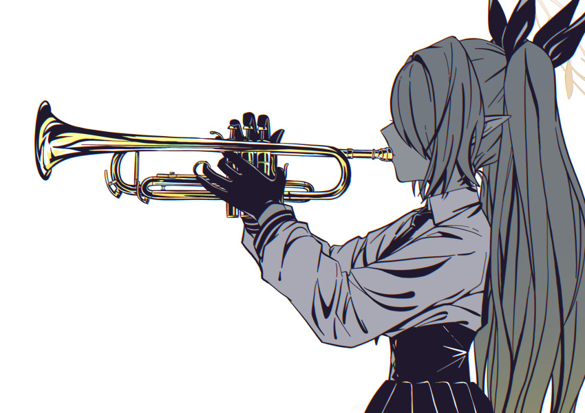 1girl absurdres black_gloves black_necktie black_ribbon blue_archive collared_shirt commentary_request covered_eyes from_side gloves grey_hair hair_over_eyes hair_ribbon halo high-waist_skirt highres holding holding_instrument holding_trumpet instrument iori_(blue_archive) long_hair long_sleeves music necktie playing_instrument pointy_ears profile ribbon shirt simple_background skirt solo trumpet twintails upper_body w_wakase white_background