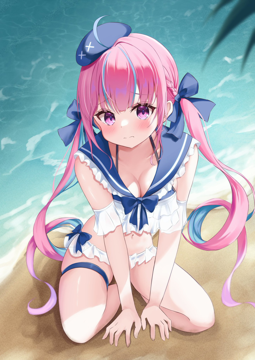 1girl ahoge armband beach beret bikini blue_bikini blue_bow blue_hair blue_headwear blue_sailor_collar bow braid breasts chino0803 cleavage closed_mouth collarbone colored_inner_hair frilled_armband frilled_bikini frills hair_bow hat highres hololive kneeling large_breasts light_blue_hair looking_at_viewer minato_aqua multicolored_hair navel ocean palm_tree pink_eyes pink_hair sailor_collar sand skindentation solo stomach streaked_hair swimsuit thigh_strap thighs tree twintails virtual_youtuber wavy_mouth white_armband white_bikini