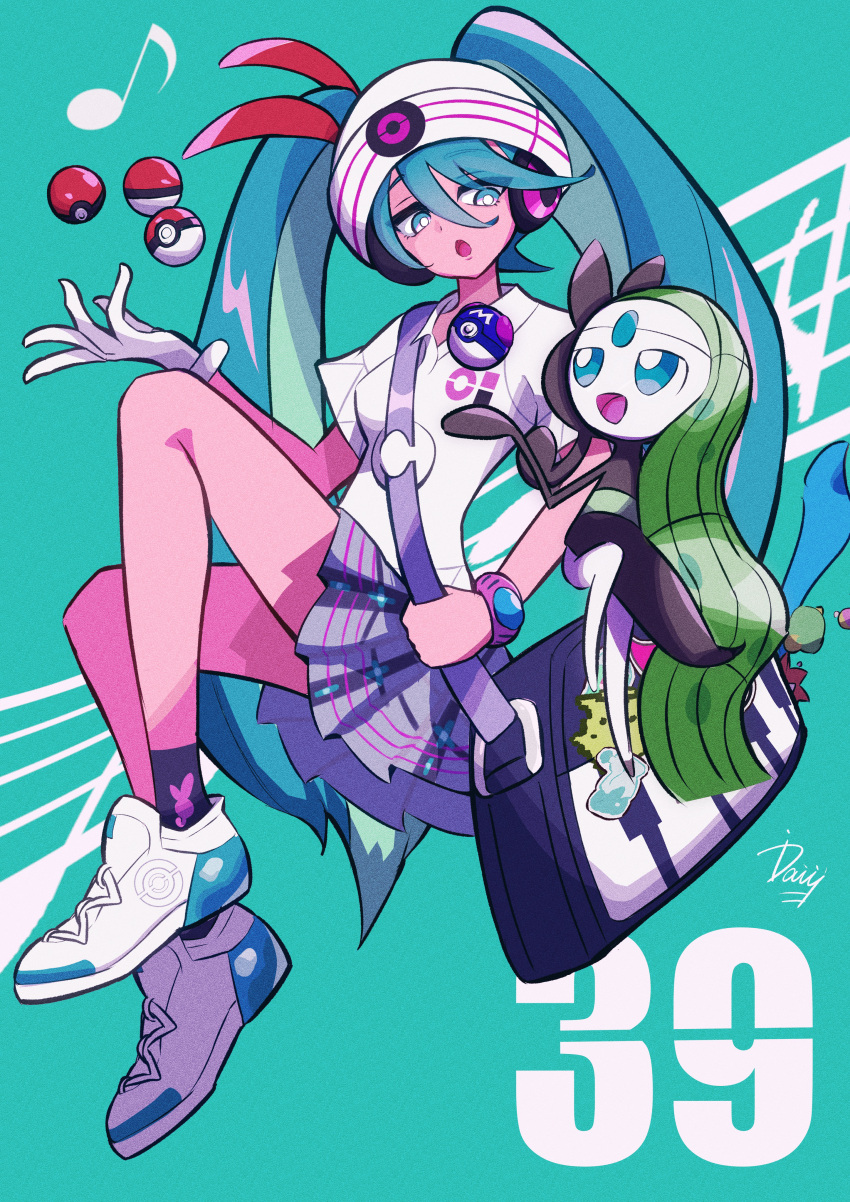 1girl :o absurdres bag beanie bright_pupils collared_shirt commentary_request crossover green_background green_eyes green_hair hat hatsune_miku highres holding_strap ida_(idalol490) long_hair looking_down master_ball meloetta musical_note pleated_skirt poke_ball poke_ball_(basic) pokemon pokemon_(creature) project_voltage shirt shoes short_sleeves shoulder_bag skirt sneakers socks twintails vocaloid white_footwear white_headwear white_pupils white_shirt