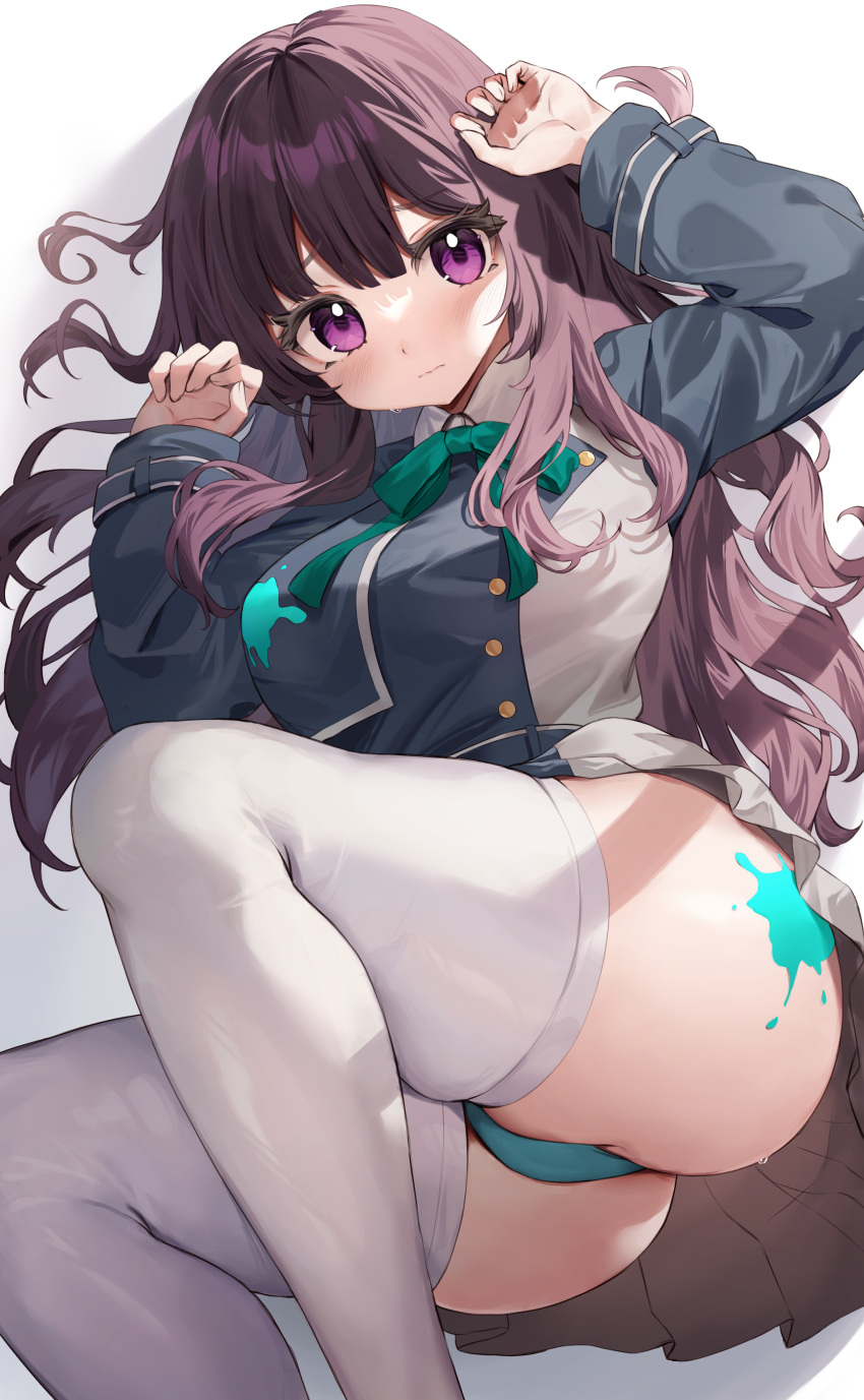1girl absurdres black_hair blue_dress blue_panties blush bow bowtie buttons cameltoe claw_pose collared_dress collared_shirt colored_skin commentary_request curvy double-breasted dress green_bow green_bowtie highres inoue_takina long_hair long_sleeves looking_at_viewer lycoris_recoil lycoris_uniform multicolored_skin panties purple_eyes shirt skindentation solo sweatdrop thighhighs two-tone_dress two-tone_skin underwear uniform upskirt white_dress white_shirt white_thighhighs yuk_(pakyaru)