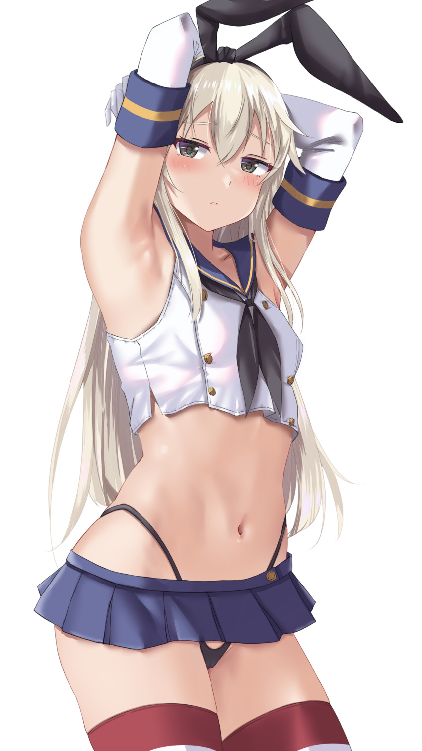 1girl armpits arms_behind_head black_hairband black_neckerchief black_panties blonde_hair blush breasts cowboy_shot crop_top elbow_gloves gloves grey_eyes hairband highleg highleg_panties highres kantai_collection kuroame_(kurinohana) long_hair looking_at_viewer microskirt navel neckerchief panties sailor_collar shimakaze_(kancolle) shirt simple_background skirt sleeveless sleeveless_shirt small_breasts solo striped striped_thighhighs thighhighs underwear white_background white_gloves