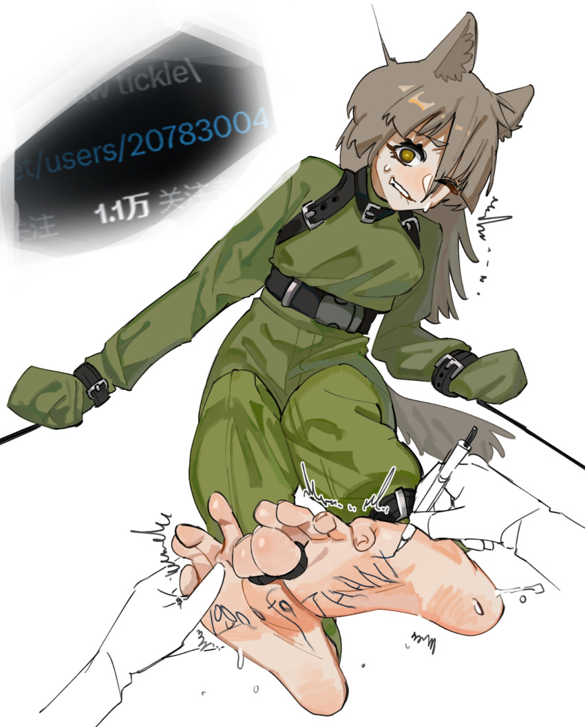 1boy 1girl animal_ears barefoot belt biting black_belt body_writing breasts brown_eyes brown_hair chinese_commentary commentary_request er_ling_balu eyelashes feet foot_focus foreshortening green_pants green_shirt hair_over_one_eye highres leaning_to_the_side legs_together lip_biting long_sleeves looking_at_viewer medium_breasts on_ground one_eye_closed original pants parted_bangs pov restrained shirt sitting sleeves_past_fingers sleeves_past_wrists soles spread_toes sweatdrop toenails toes trembling
