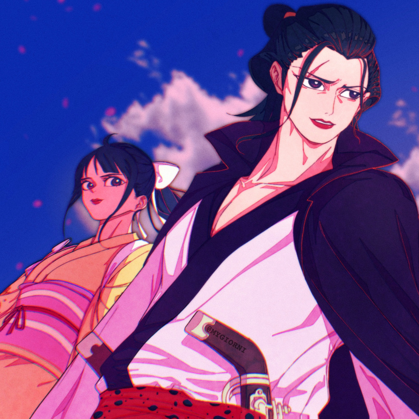 2boys black_cape black_hair blue_hair blunt_bangs brothers cape closed_mouth cloud cloudy_sky commentary dual_wielding english_commentary gun hair_ornament hair_ribbon highres holding izou_(one_piece) japanese_clothes kikunojo_(one_piece) kimono long_hair male_focus multiple_boys mygiorni one_piece otoko_no_ko outdoors pink_kimono ponytail ribbon sash scar scar_across_eye scar_on_face siblings sky teeth traditional_clothes weapon yellow_kimono