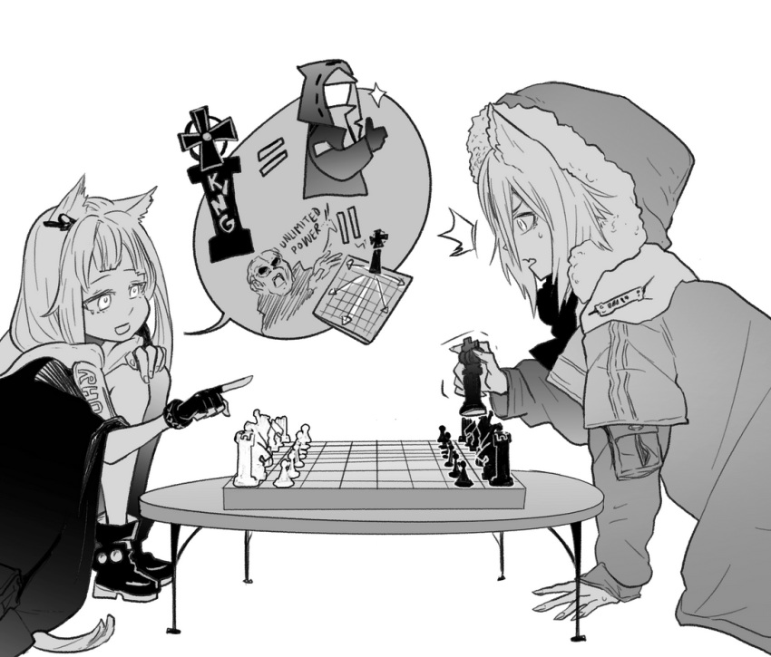 2girls ^^^ animal_ear_fluff animal_ears arknights black_jacket board_game cat_ears cat_girl cat_tail chess doctor_(arknights) holding_chess_piece hood hood_down hooded_jacket jacket monochrome multiple_girls octodeco projekt_red_(arknights) rosmontis_(arknights) surprised tail