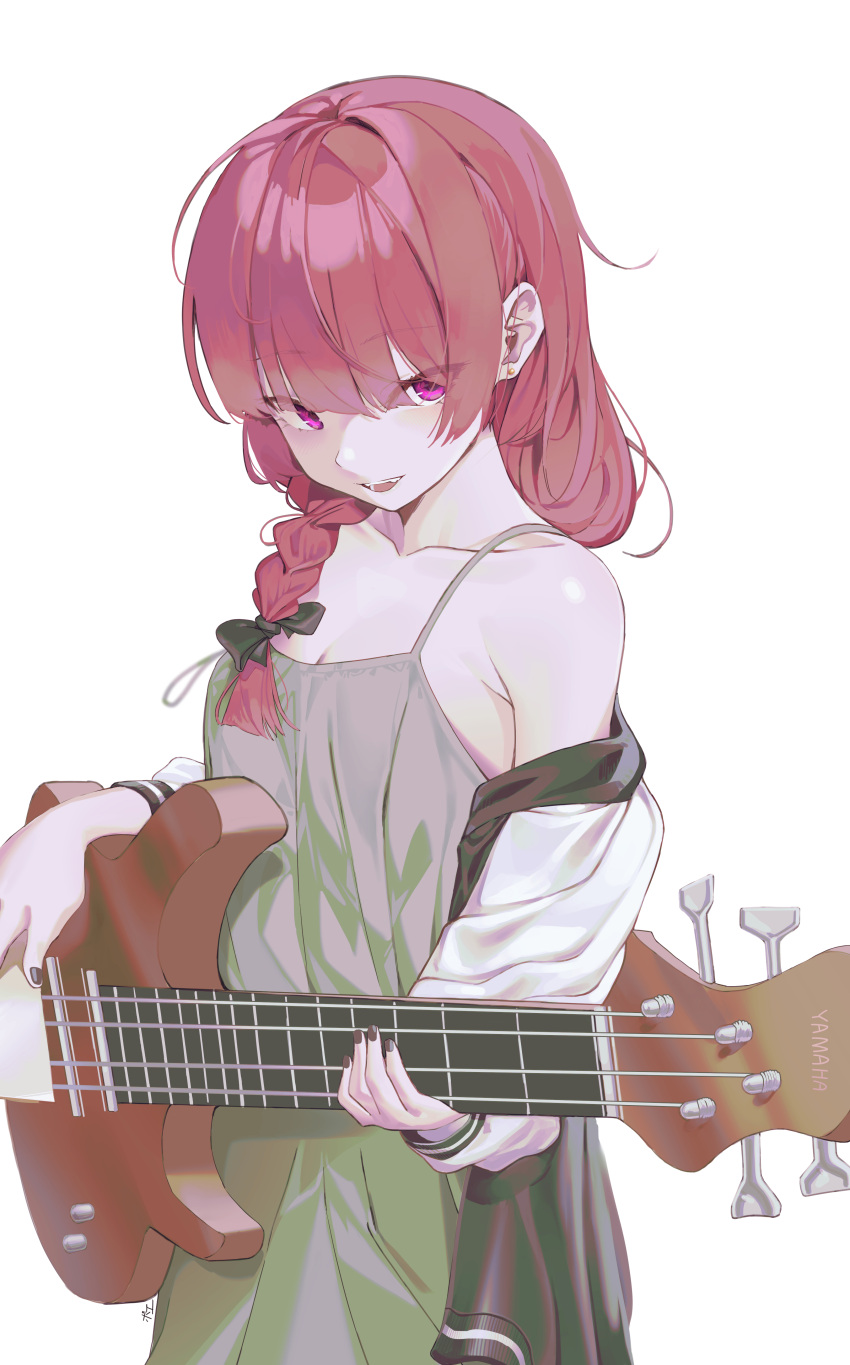 1girl absurdres armpit_crease bare_shoulders bass_guitar black_bow black_jacket black_nails blunt_bangs bocchi_the_rock! bow braid breasts cleavage collarbone cowboy_shot dress ear_piercing fangs green_dress hair_bow hair_over_shoulder hair_strand highres hiroi_kikuri holding holding_instrument holding_plectrum instrument jacket long_hair long_sleeves looking_at_viewer medium_dress multicolored_clothes multicolored_jacket not_forever2w off_shoulder open_clothes open_jacket piercing plectrum purple_eyes purple_hair simple_background single_braid sleeveless sleeveless_dress smile solo spaghetti_strap standing strap_slip two-tone_jacket white_background white_jacket