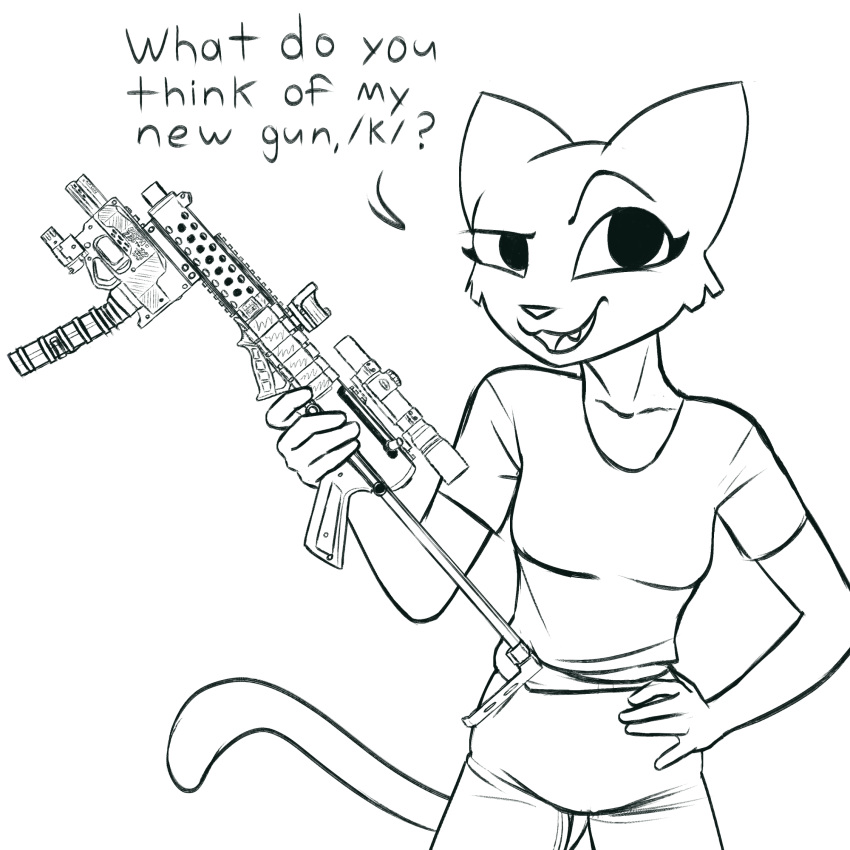 anonymous_artist anthro bethesda_softworks black_and_white bottomwear clothed clothing cobray_terminator dialogue drum_magazine english_text eyebrows eyelashes felid female foregrip gun hand_on_hip handgun hi_res holding_gun holding_object holding_shotgun holding_weapon katia_managan khajiit line_art looking_at_viewer mammal monochrome optical_sight pants pistol prequel_adventure raised_eyebrow ranged_weapon shirt shotgun smile solo t-shirt text the_elder_scrolls topwear weapon webcomic zip_.22_(pistol)