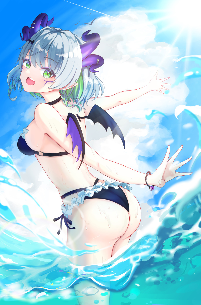 1girl absurdres ass bat_hair_ornament bikini bikini_skirt black_bikini blue_sky breasts bsapricot_(vtuber) cloud demon_girl demon_horns demon_wings frilled_bikini frilled_skirt frills green_eyes green_hair hair_ornament highres horns large_breasts looking_at_viewer medium_hair multicolored_hair nohanenoe open_mouth skirt sky smile streaked_hair sun swimsuit teeth upper_teeth_only virtual_youtuber vshojo water wings