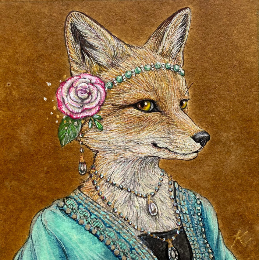 accessory anthro black_nose canid canine clothing dipstick_ears ear_piercing ear_ring female flower flower_in_hair formal formal_wear fox fur gem hair hair_accessory headshot_portrait hi_res icon jewelry mammal multicolored_ears necklace orange_background painting_(artwork) pearl_(gem) pearl_necklace piercing plant portrait realistic_fur red_fox ring_piercing simple_background solo traditional_media_(artwork) whiskers white_body white_fur yellow_eyes