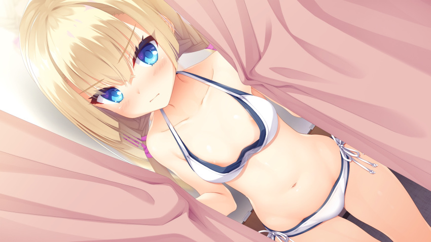 1girl areola_slip bikini blonde_hair blue_eyes blush braid curtain_grab curtains dutch_angle flat_chest game_cg highres kobuichi layered_bikini long_hair looking_at_viewer navel official_art photoshop_(medium) shirayuki_noa side-tie_bikini_bottom solo standing swimsuit tenshi_souzou twin_braids