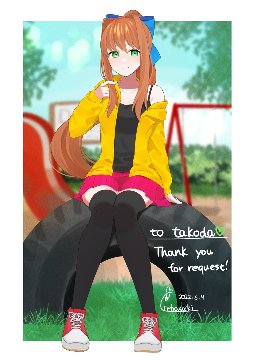 1girl absurdres artist_name black_camisole black_thighhighs blue_bow blurry blurry_background border bow brown_hair camisole closed_mouth collarbone commission dated day doki_doki_literature_club full_body grass green_eyes hair_bow heart highres jacket knees_together_feet_apart long_hair long_sleeves miniskirt monika_(doki_doki_literature_club) nukonuko0112 off_shoulder open_clothes open_jacket outdoors outside_border park pink_skirt plant pleated_skirt ponytail red_footwear shoes sidelocks signature sitting skeb_commission skirt smile sneakers solo spaghetti_strap swing_set tbsk_art thank_you thighhighs tire white_border white_footwear yellow_jacket