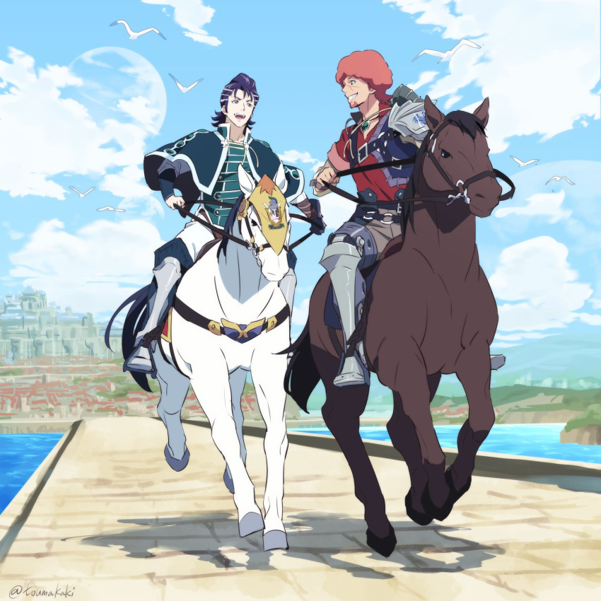 2boys afro armor black_hair blue_sky capelet dark-skinned_male dark_skin dasshu_(dashi_now) favaro_leone green_capelet highres horse horseback_riding kaisar_lidfald multiple_boys pompadour red_hair riding shingeki_no_bahamut shingeki_no_bahamut:_genesis short_hair shoulder_armor sky smile