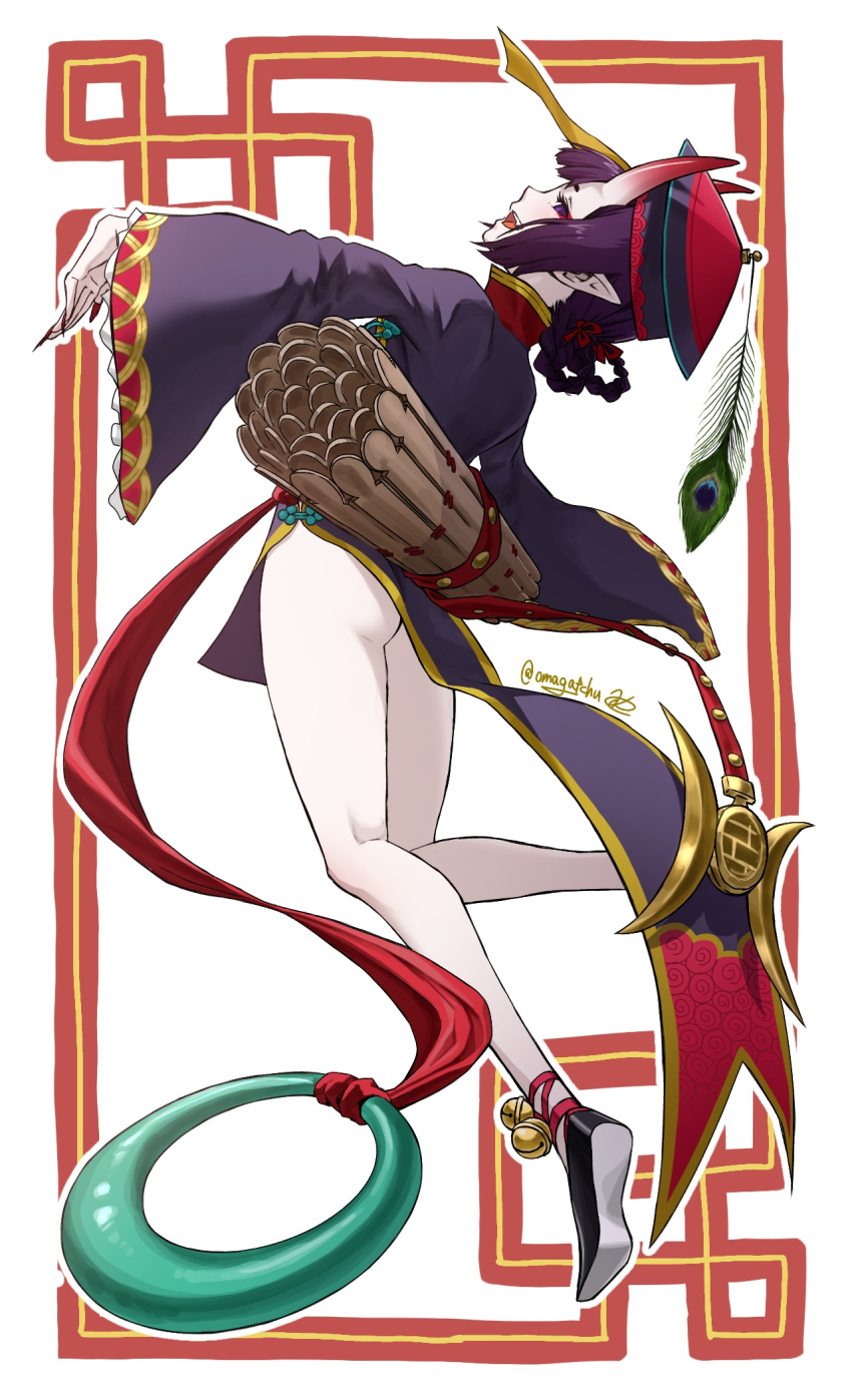 1girl ankle_bell ass braided_hair_rings chinese_clothes commentary_request dress eyeliner fate/grand_order fate_(series) fingernails full_body hair_rings hat highres horns jiangshi_costume long_fingernails long_sleeves looking_at_viewer looking_back makeup no_panties ofuda oni oni_horns open_mouth pale_skin peacock_feathers pointy_ears purple_dress purple_eyes purple_hair qing_guanmao red_nails short_hair shuten_douji_(fate) shuten_douji_(festival_outfit)_(fate) sideways_glance skin-covered_horns smile solo tochi_keisuke wide_sleeves