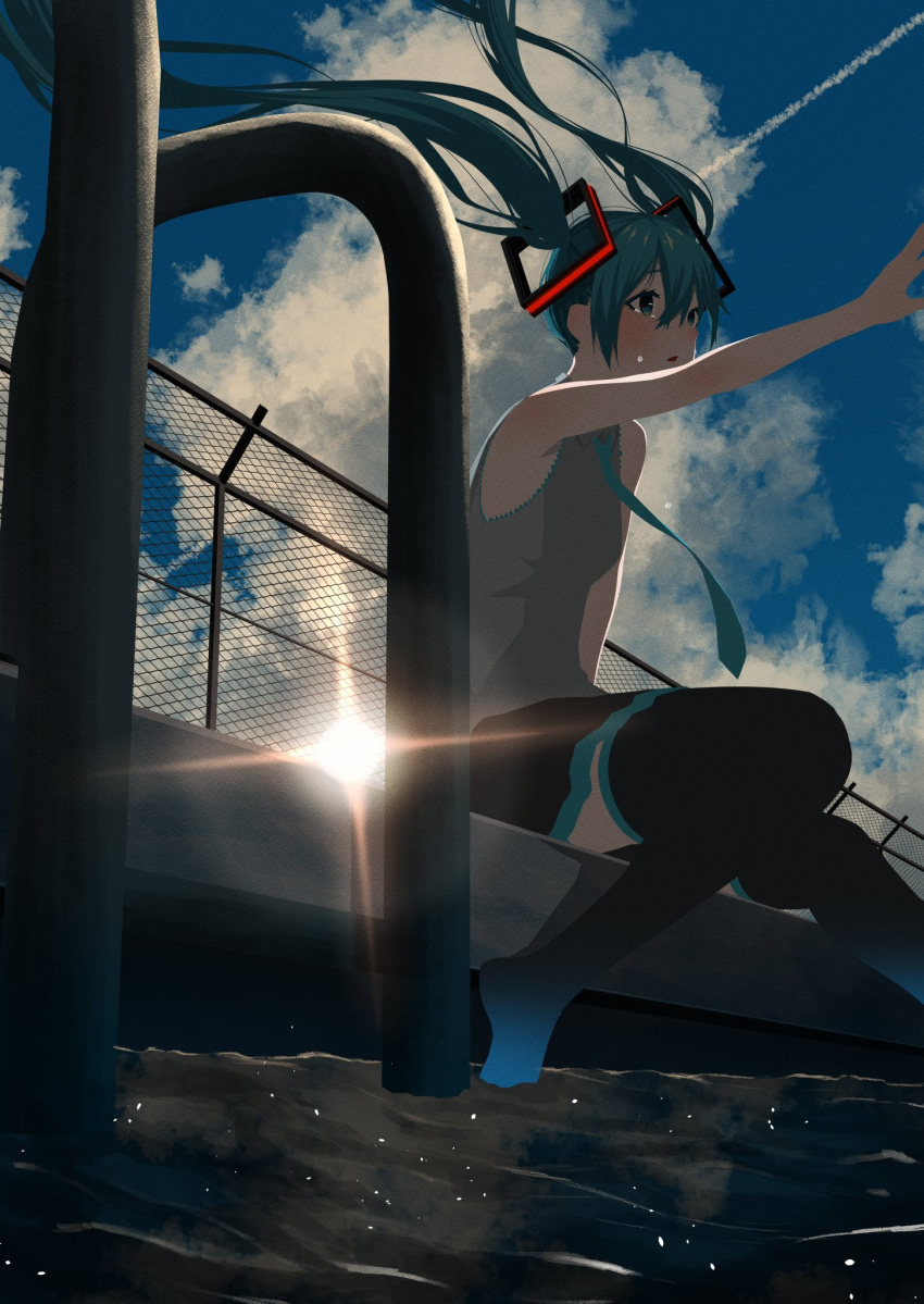 1girl aqua_eyes aqua_hair aqua_necktie backlighting bare_arms bare_shoulders black_skirt black_thighhighs blue_sky cloud commentary crying crying_with_eyes_open day floating_hair floating_neckwear grey_shirt hair_ornament hatsune_miku highres lens_flare light_particles long_hair miniskirt necktie noranucoo outdoors outstretched_arm parted_lips pleated_skirt pool_ladder poolside shirt sitting skirt sky sleeveless sleeveless_shirt soaking_feet solo sun tears thighhighs twintails very_long_hair vocaloid water yoake_to_hotaru_(vocaloid)