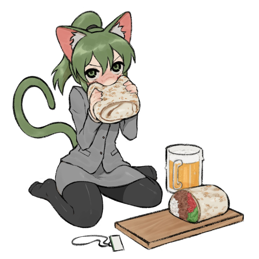 1girl alcohol animal_ear_fluff animal_ears beer beer_mug blush burrito cat_ears cat_girl cat_tail coat cup eating food formal green_eyes green_hair gurumo_(twitter) highres holding igarashi_futaba_(shiromanta) lanyard looking_at_viewer medium_hair mug office_lady overcoat pantyhose ponytail senpai_ga_uzai_kouhai_no_hanashi skirt skirt_suit solo suit tail tail_raised