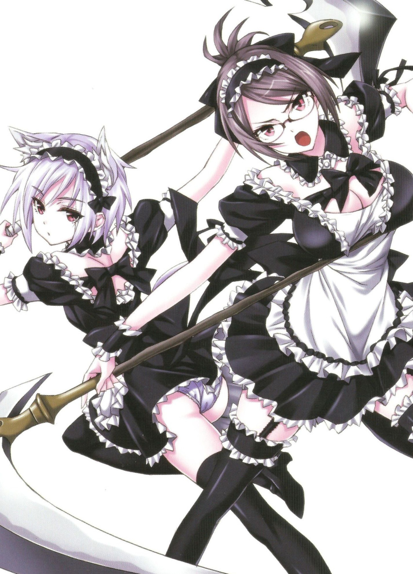 2girls animal_ears apron breasts cat_ears cleavage frilled_apron frills garter_belt glasses highres holding holding_scythe maid maid_apron maid_headdress meena_(queen's_blade) mime_(queen's_blade) monster_girl multiple_girls queen's_blade queen's_blade_rebellion scythe thighhighs white_background